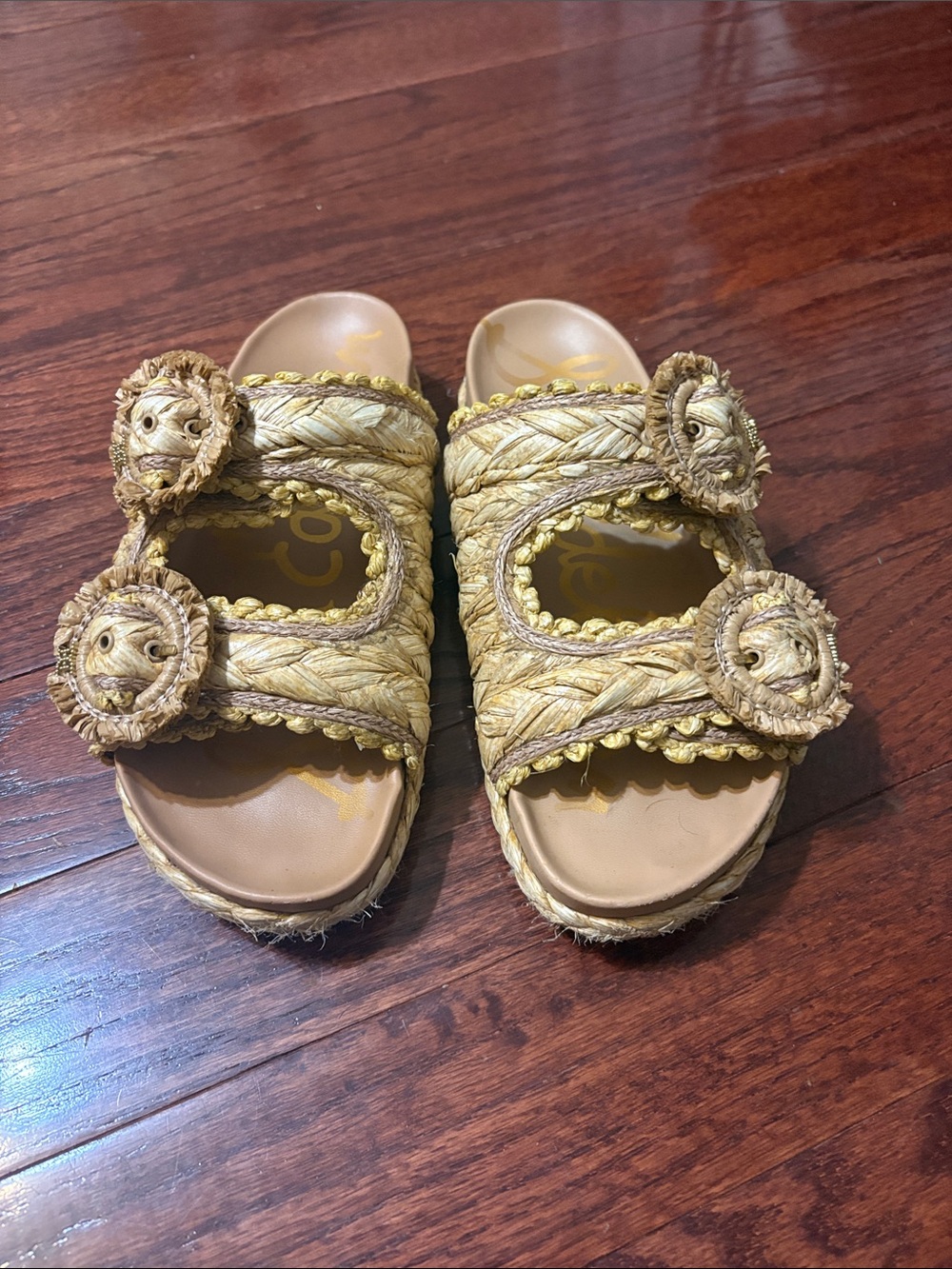 Sam Edelman Woven Raffia Double Buckle Slide Sandals – Natural/Tan - Picture 2 of 6